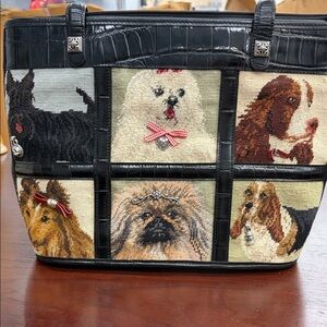Brighton retired Black Croc-Trim Dog Patchwork Tote Bag - Needlepoint Canine